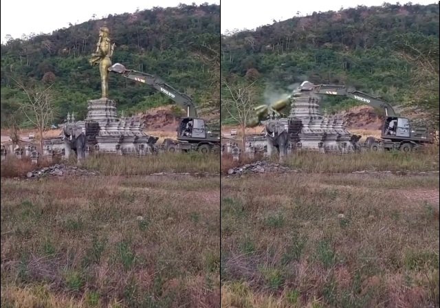 कंबोडिया में भगवान विष्णु की मूर्ति तोड़े जाने पर बवाल: थाई सेना पर बुलडोजर से गिराने का आरोप