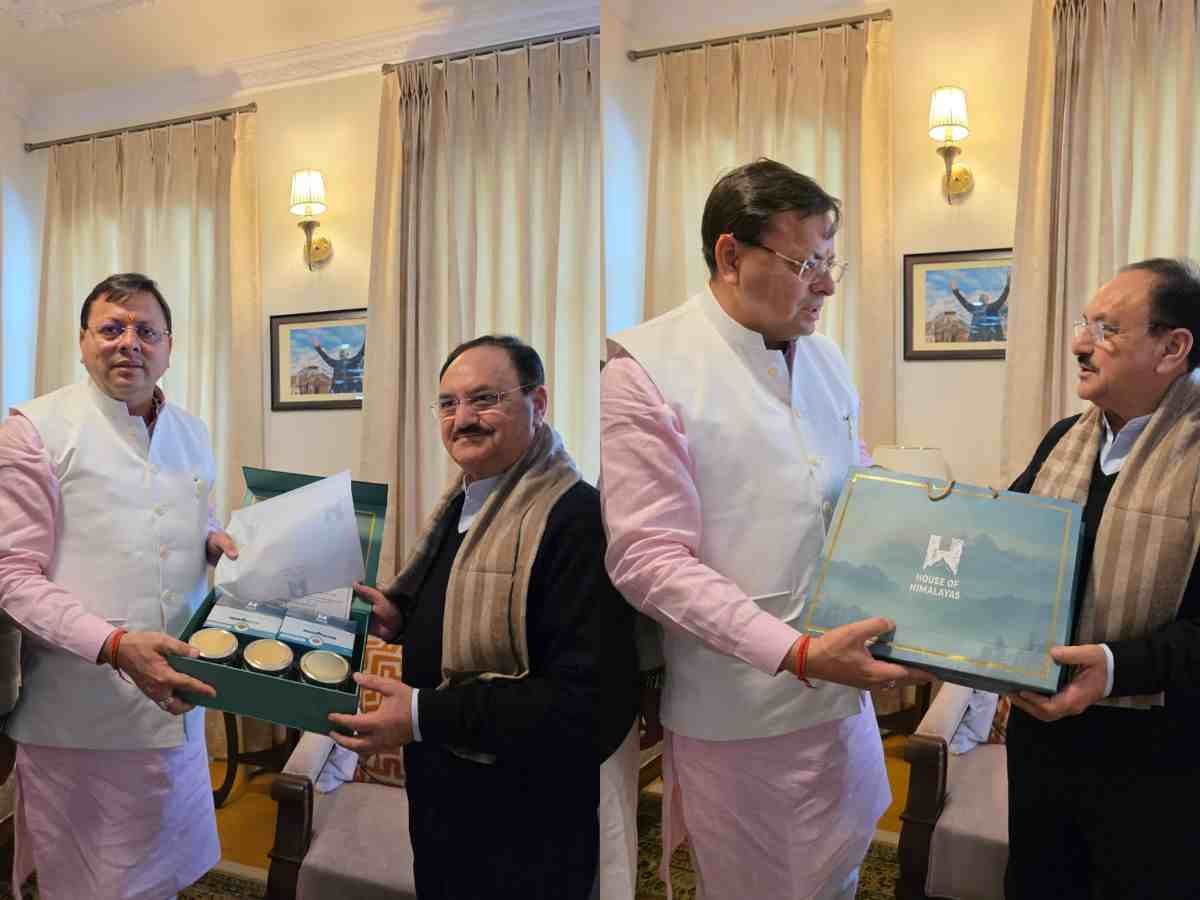jp nadda in uttarakhand सीएम पुष्कर सिंह धामी ने की मुलाकात ‘हाउस ऑफ हिमालया’ के उत्पाद किए भेंट