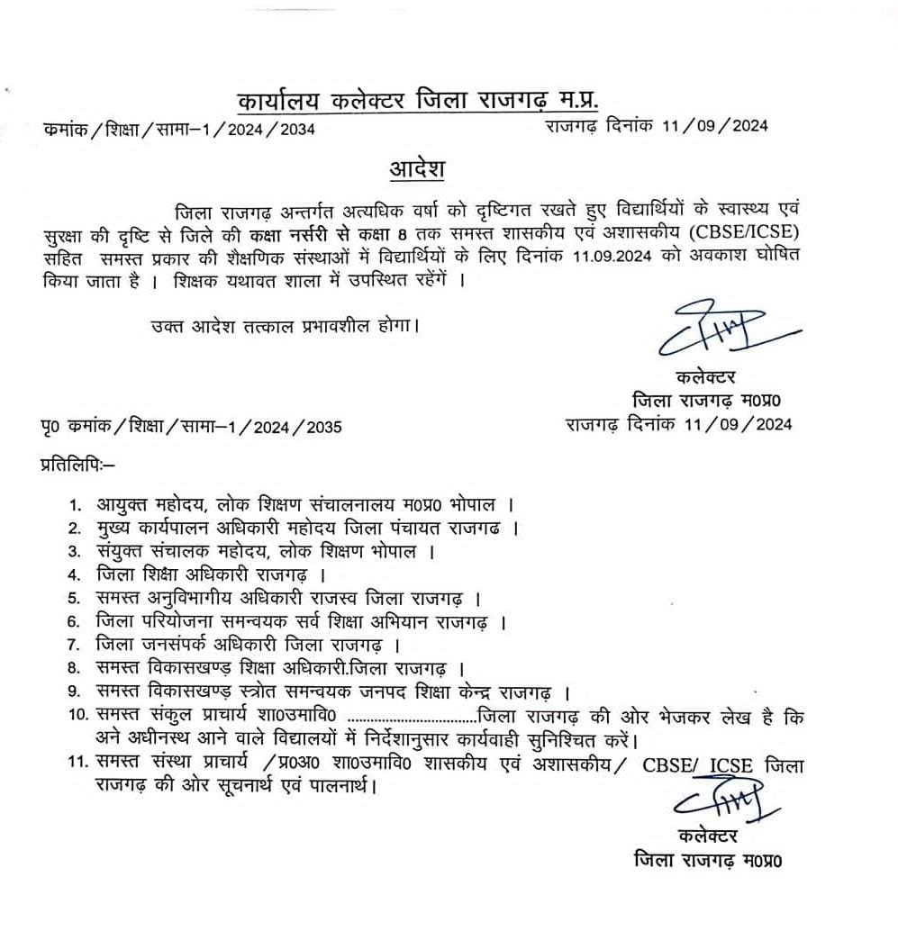 rajgarh जिले में आगामी 24 घंटे के अंदर भारी बारिश की चेतावनी