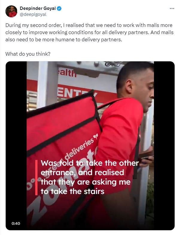 zomato ceo claims he was denied mall lift access while picking up a delivery order