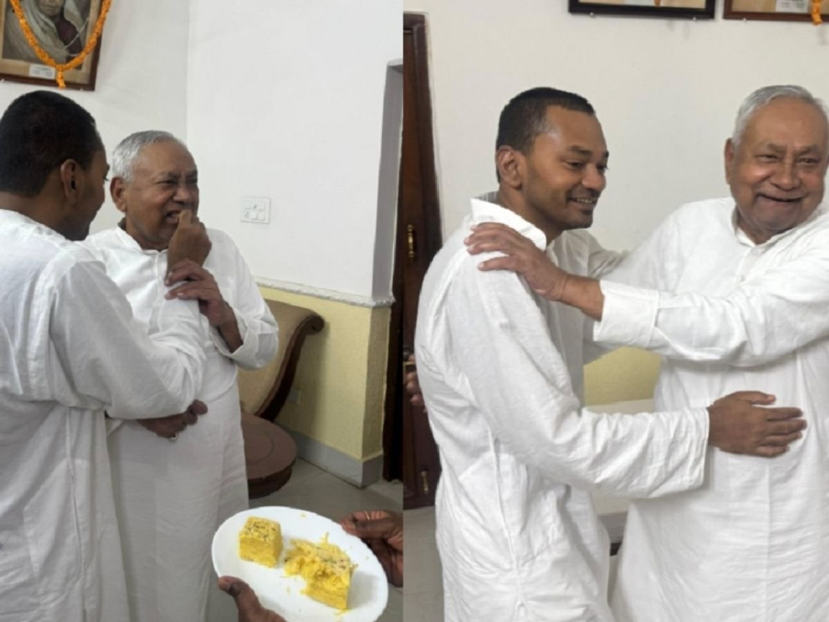 जदयू में शामिल होते ही पिता के पास पहुंचे निशांतcm नीतीश को खिलाई मिठाई