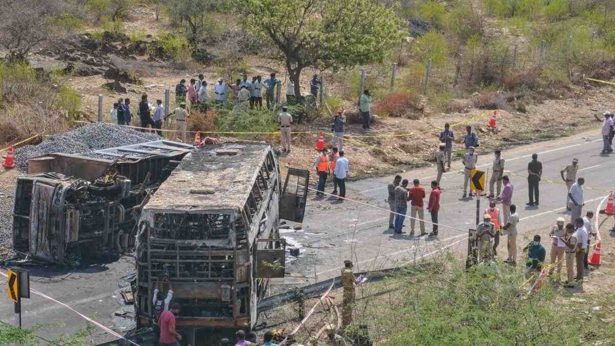 bus rams into truck in ap’s markapuram catches fire 13 charred to death pm modi announces ex-gratia