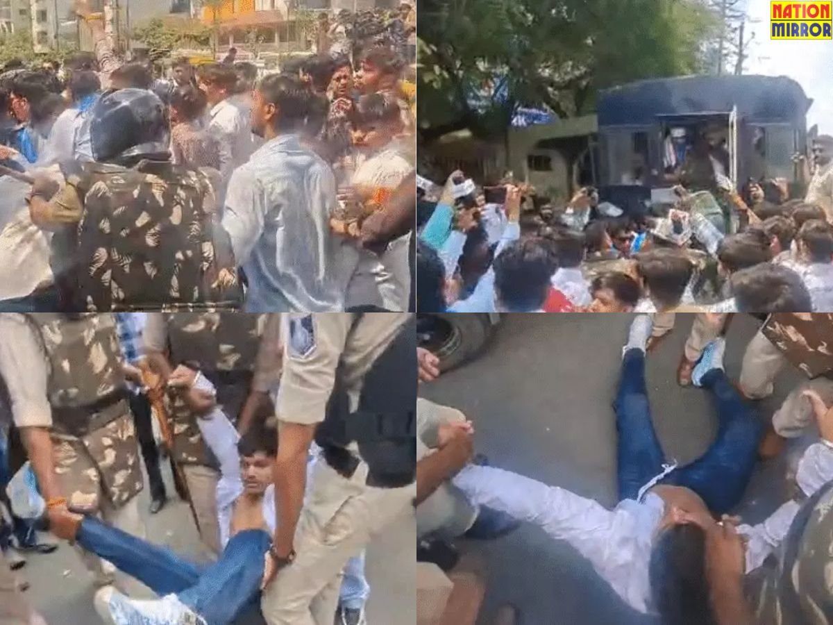 DAVV में NSUI का जोरदार प्रदर्शन, 6 गिरफ्तार,छात्र नेता को टांगकर ले गई पुलिस