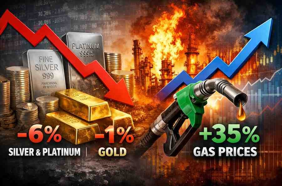 Platinum, silver,gold fell - 6% in minutes, but gas prices rose 35%. What is happening?